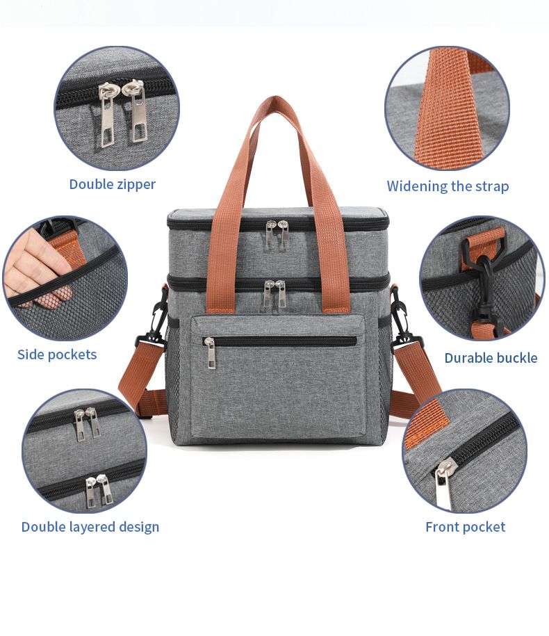Borsa termica per il pranzo di grande capacità, a doppio strato, per campeggio, picnic, a tracolla, a tenuta stagna, con tracolla regolabile._voghion.com