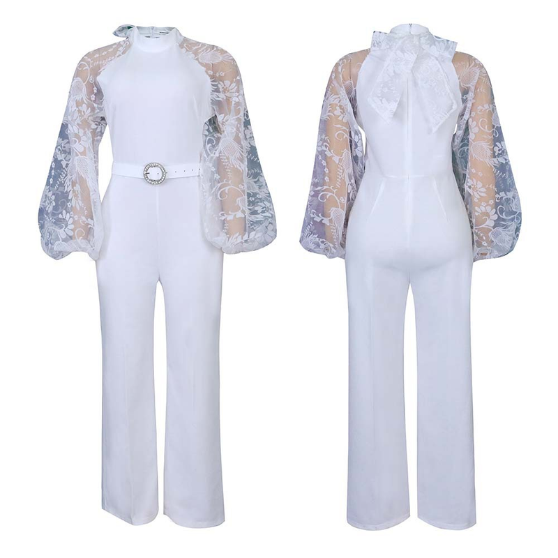Women's Clothing Free Belt Stand Collar Mesh Lantern Sleeves Slim Large Size Women's African Wide Leg Jumpsuits_voghion.com