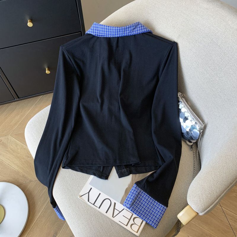 Maglietta a maniche lunghe con colletto polo da donna, nuova primavera, versatile, a quadri con pieghe e colori a contrasto_voghion.com
