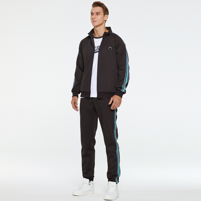Herrenbekleidung Langarm Sport Zweiteiliger Reißverschluss Kontrastierende bedruckte Linie Mode Lässiger und bequemer Anzug_voghion.com