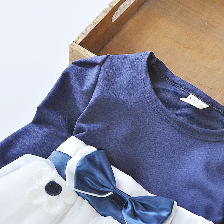 Neue koreanische Version des langärmligen Blumenbogenkleids für Mädchen im Frühling und Herbst, im gleichen Stil wie das Promi-Kleid_voghion.com