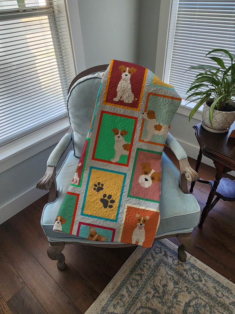 Lots of Red and White Jack Russell Terrier Quilted Blanket 50x60 Artwork Pattern Quilted Throw Blanket for Bed, Couch, Sofa, Soft and Lightweight_voghion.com