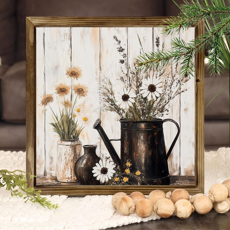 8x8" maalähedane kastekannu puidust silt – lilleline talumaja seinakunst elutuppa/kohvikusse, kerge ja poleeritud, ideaalne kingitus_voghion.com