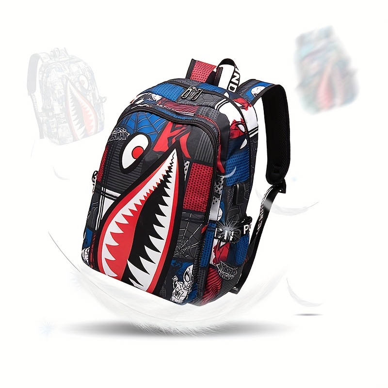 Mochila con patrón de tiburón, bolso escolar de nailon de moda para estudiantes, mochila de viaje ligera con puerto de carga USB_voghion.com