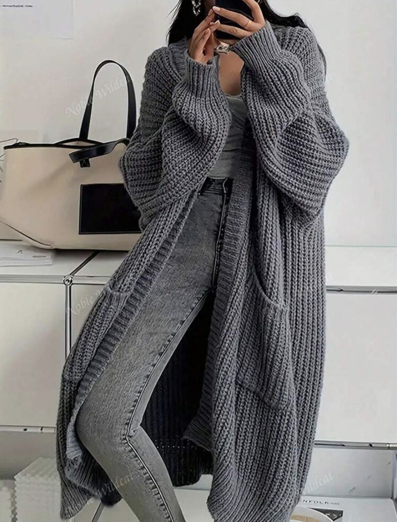Oversized Longline Knit Cardigan For Women – Cozy Open-Front Sweater Coat With Extra Length, Thick Acrylic Blend For Autumn & Winter_voghion.com