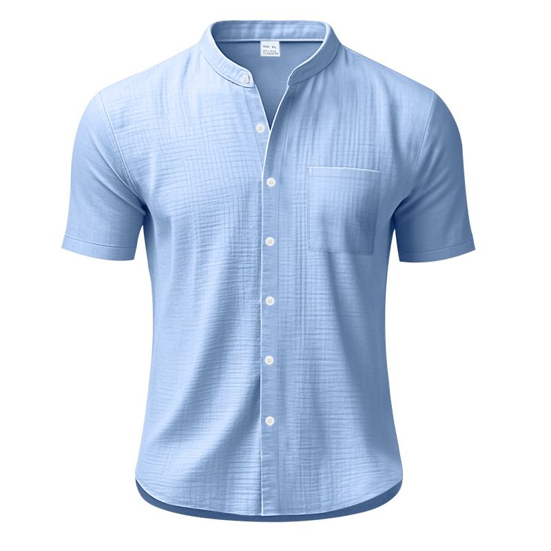 Camisa de lino de manga corta para hombre, nueva, de color liso, con cuello alto y bolsillo, holgada, informal_voghion.com