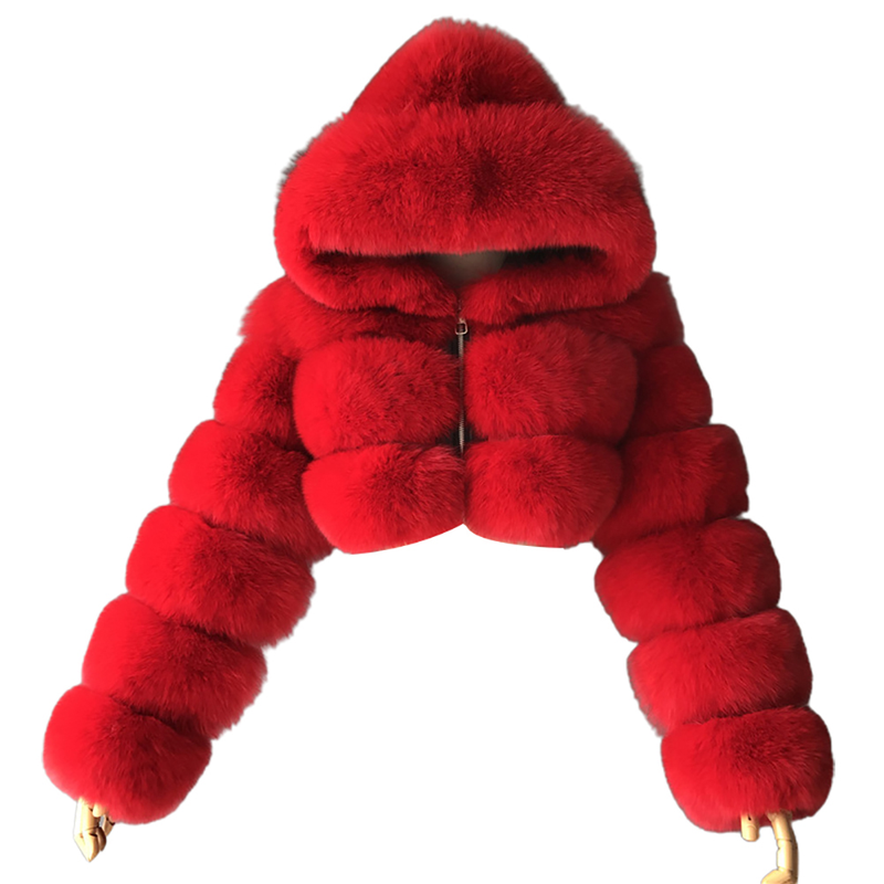 Lös tjock päls Plyschjacka Kvinnor Flickor Mode Vinter Fuskpäls Beskuren kappa Fluffig Zip Huva Varm Kort jacka_voghion.com