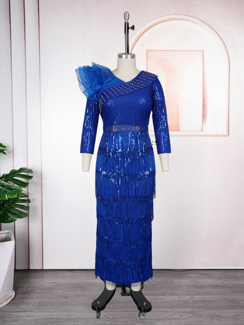 Plus Size Glitter Fringe Party Dress For Women - Elegant V-Neck Sequin Evening Gown With Layered Tulle Skirt (Wine Red, Royal Blue, Rose Purple)_voghion.com