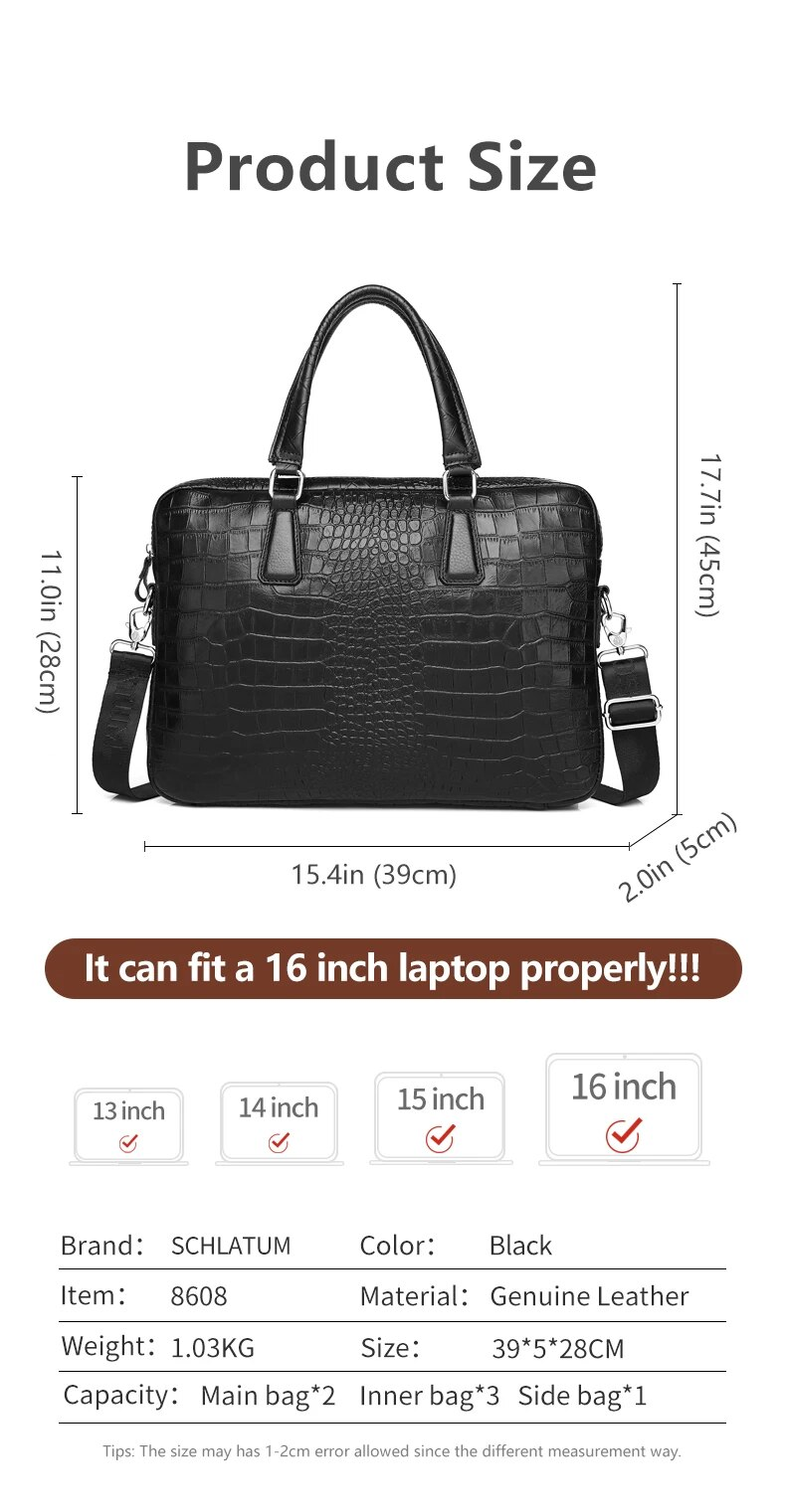 SCHLATUM Genuine Leather Crocodile Grain Briefcases Hard For Men 15.6 Inch Laptop Briefcase Bags Computer Bag Handbags_voghion.com