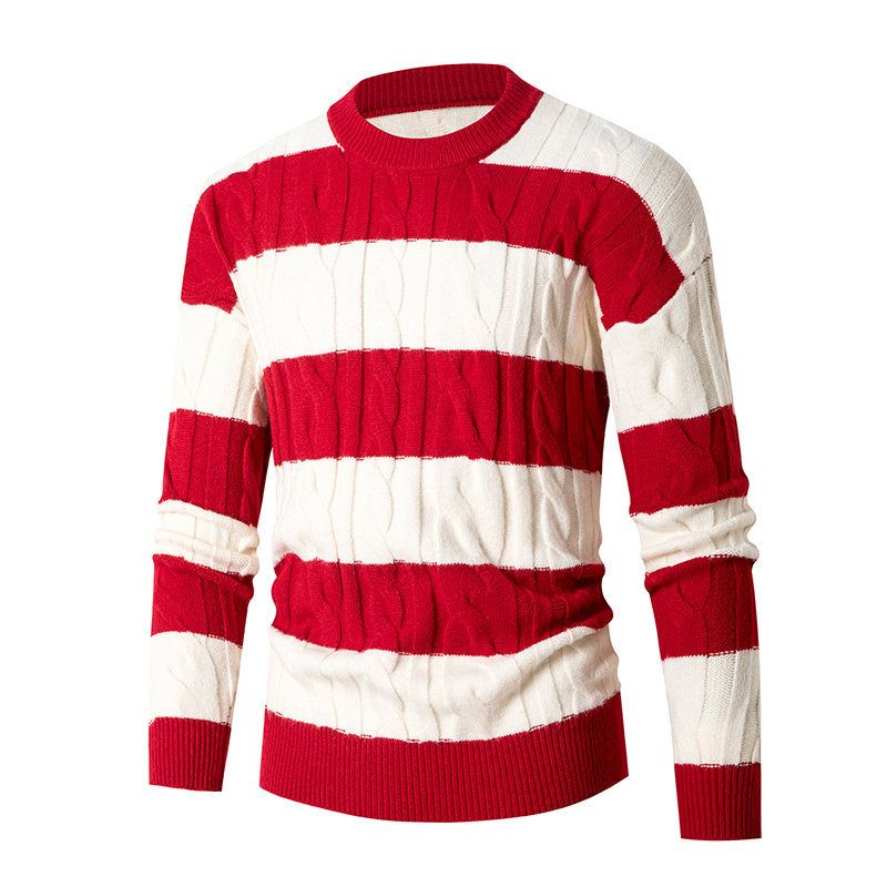 Men's Clothing 2024 autumn and winter new European and American men's round neck sweater striped casual knitted bottoming shirt _voghion.com