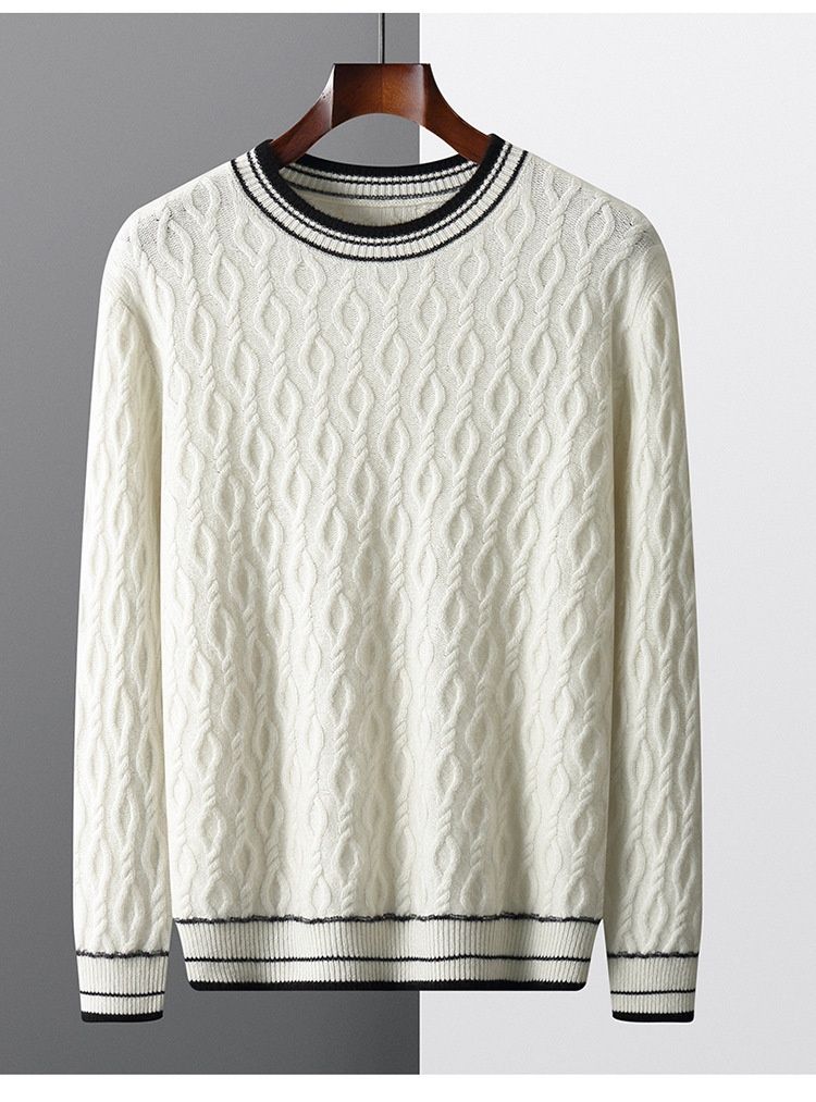 Pure Men's 100% Pure Wool Round Neck Thickened Color Block Jacquard Autumn Winter New Knitted Sweater Base Layer_voghion.com