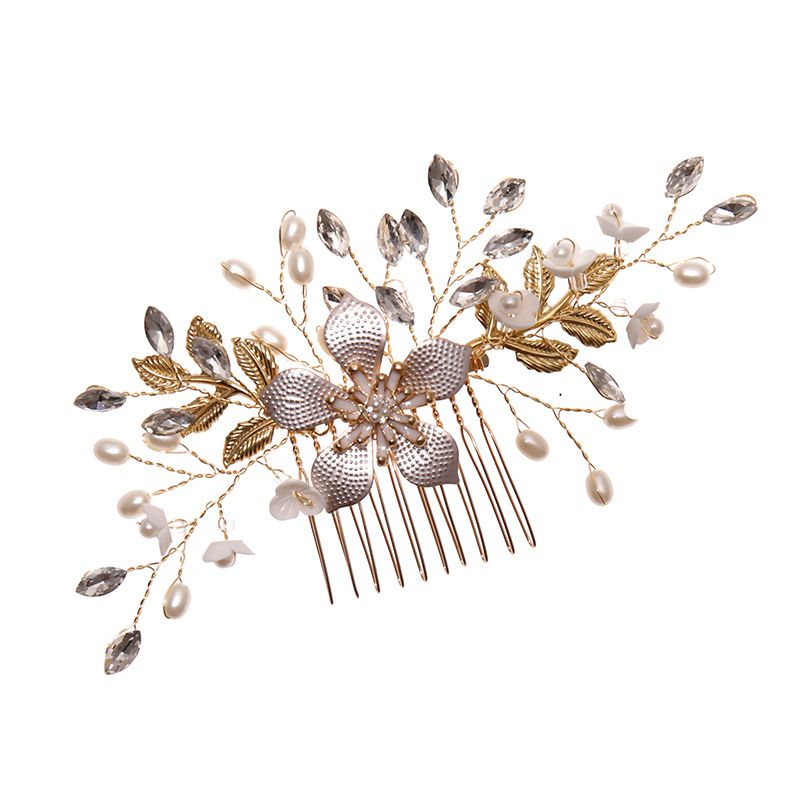 Pettine per capelli da sposa Copricapo Accessori per capelli con perle fatti a mano Acconciatura laterale intrecciata Pettine per capelli con fiori di perle_voghion.com