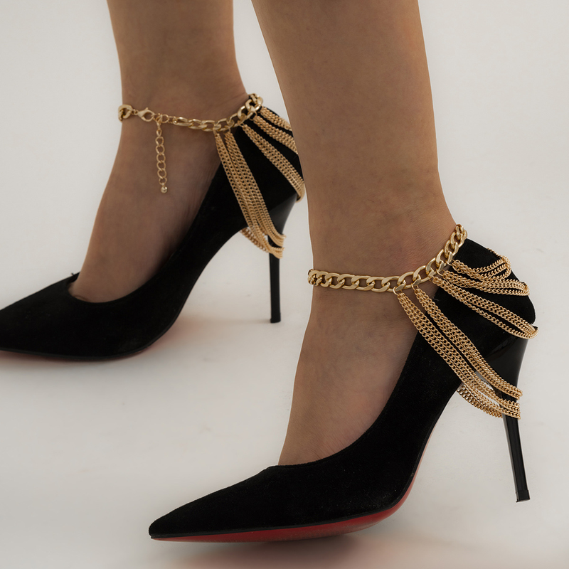 Temperament Multi-layer Fringed Hip-hop Anklet Female Exaggerated Personality Geometric Metal Chain Shoe Chain_voghion.com