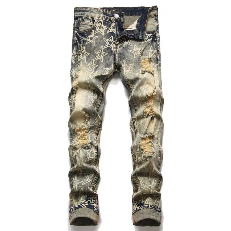 Trendy Printed Denim Suit, Men's Elastic Slim Fit, Perforated Jacket Top, Trendy Patch, Beggar Pants_voghion.com