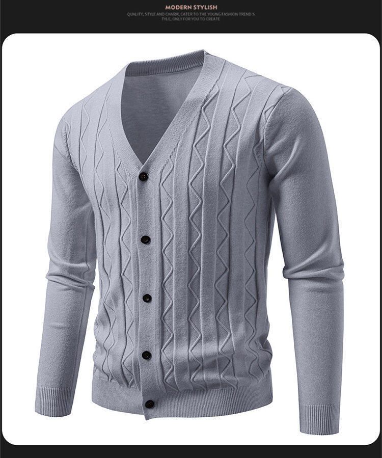 Lässiger Herren-Strickpullover – Vintage-Zopfmuster, lockere Passform, V-Ausschnitt, lange Ärmel, offene Vorderseite (maschinenwaschbar) –_voghion.com