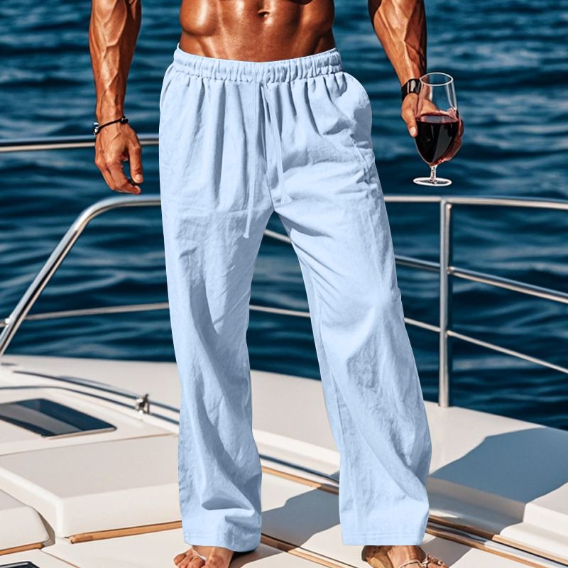 Neue Herrenhose aus Baumwolle und Leinen in Übergröße mit lockerer, einfarbiger, lässiger Schnürhose_voghion.com