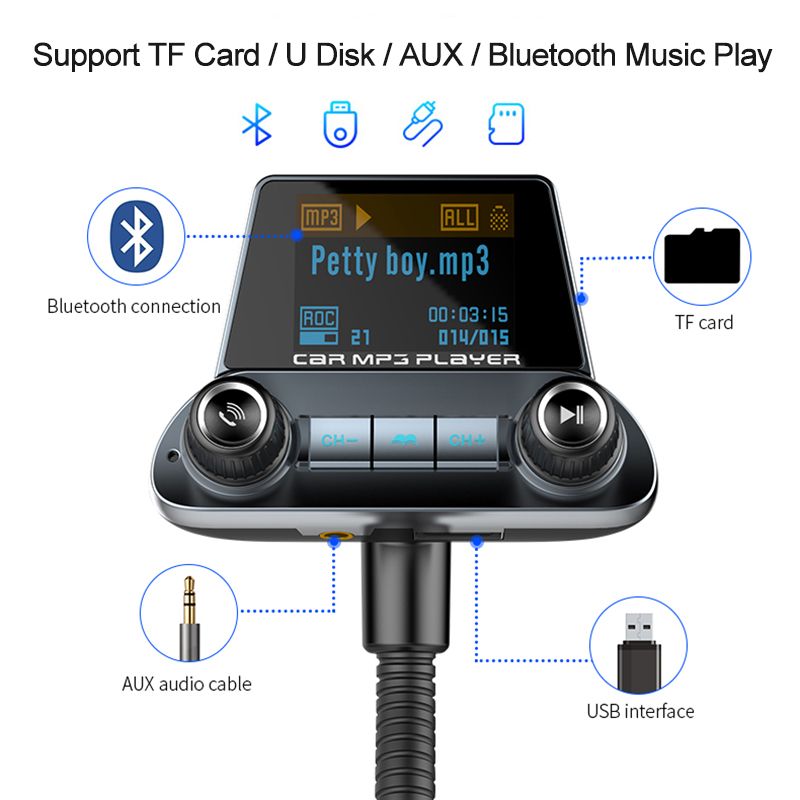 EQ-Modus Bluetooth 5.0 FM-Transmitter Freisprech-Modulator QC3.0+PD-Ladegerät MP3-Player Ein-/Ausschalten AUX-Eingang/Ausgang_voghion.com