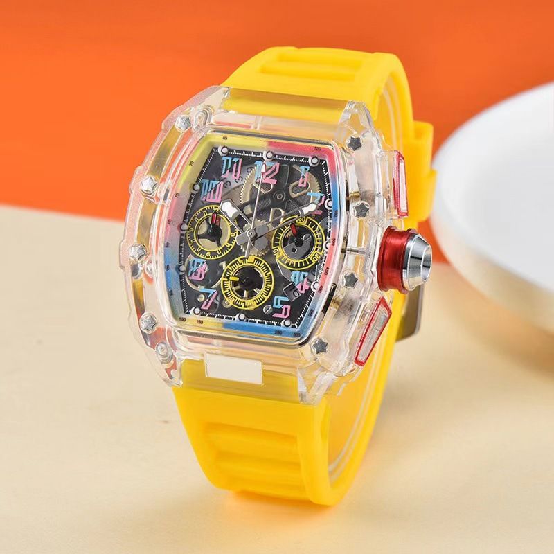 Richard Crystal Transparent Gradient 3D Rainbow Color Personalized Rotating Tourbillon Quartz Six Needle Calendar Watch_voghion.com