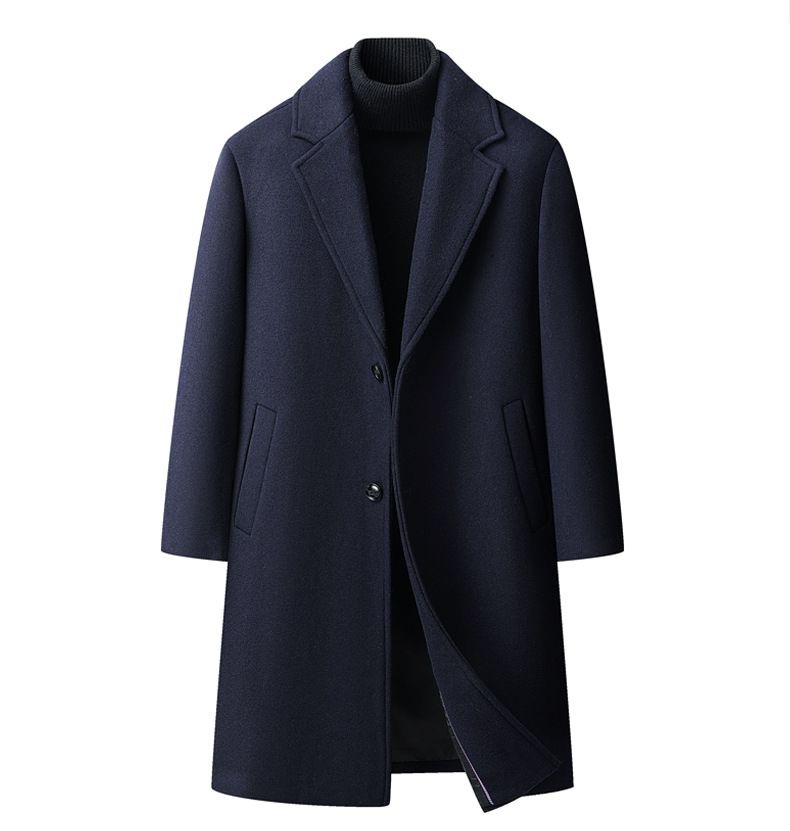 Men's Korean-Style Wool Blend Overcoat – Relaxed Fit Mid-Length Trench Coat With Notched Lapel & Side Pockets (S-4XL, Black/Navy)_voghion.com