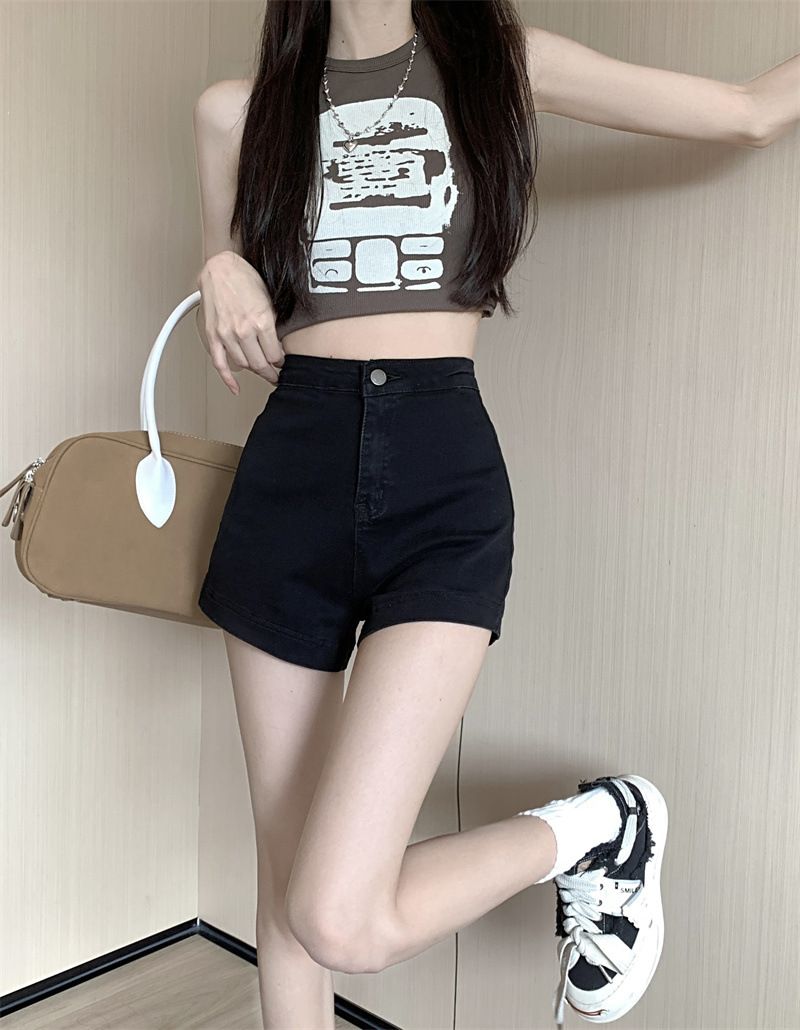 Pantaloni caldi con sollevamento dell'anca attillati elastici neri, jeans versatili estivi a vita alta con gamba dritta con base, nicchia_voghion.com