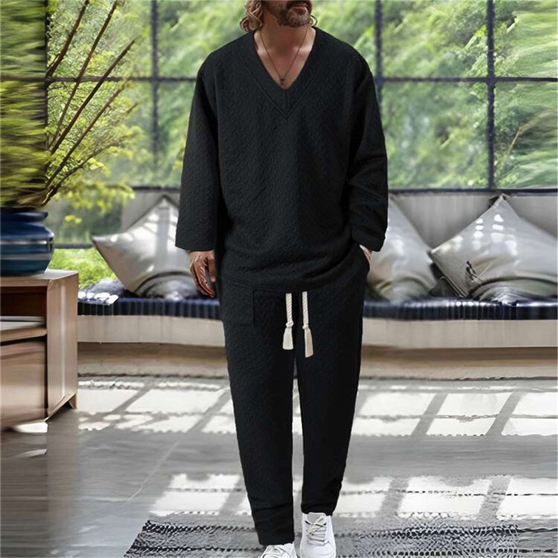 Traje informal de otoño para hombre, estilo europeo y americano, con cuello en V, manga corta, bolsillo y cordón, color liso texturizado_voghion.com