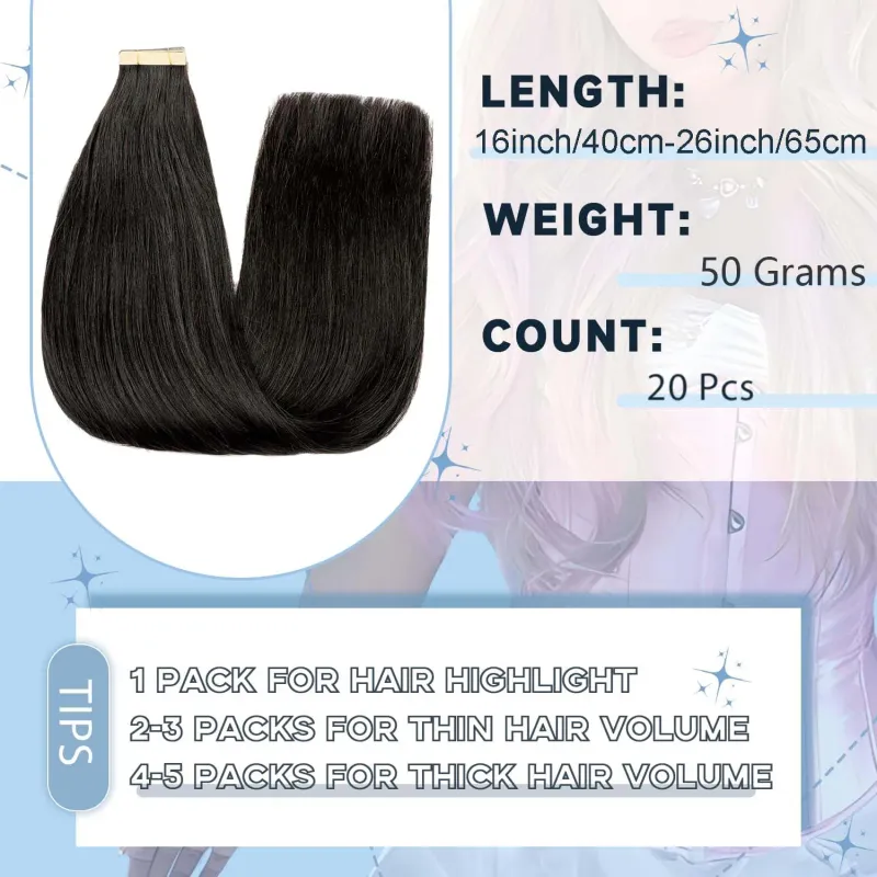 Extensiones de cabello con cinta adhesiva, cabello humano liso, n.° 1B, color natural, trama de piel sin costuras, cinta adhesiva invisible de doble cara para mujeres_voghion.com