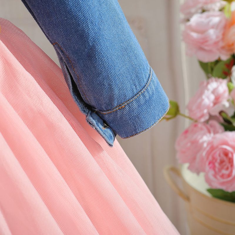 Babykleidung Modisches Denim-Mesh-Kleid für Mädchen. Lässiger Langarmrock für kleine Mädchen im Prinzessinnenkleid für kleine Kinder_voghion.com