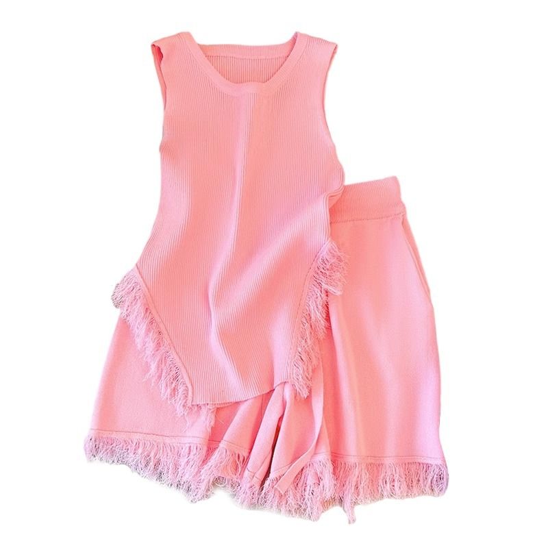 Damkläder Toppdräkt i söt och kryddig stil Rosa tofs för kvinnor Stickad liten kamisol + hög midja, breda ben Casual shorts_voghion.com