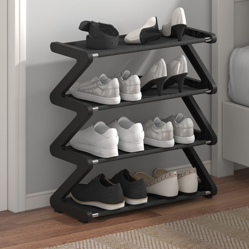 4-Tier Z-Shaped Plastic Shoe Rack – Space-Saving, Easy Assembly, Modern Shoe Organizer For Home (Grey/Blue/Pink/Black)_voghion.com