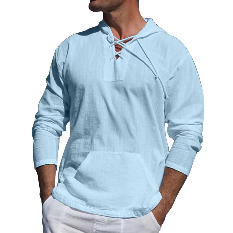 Maglietta da spiaggia versatile alla moda, sportiva e per il tempo libero, a maniche lunghe, con cappuccio, in lino e cotone, alla moda_voghion.com