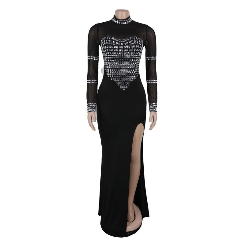 "Elegant Mesh & Milk Silk Bodycon Dress - Sexy High-Slit Long Sleeve Dress With Rhinestone Details, Black Stretchy Formal Evening Gown"_voghion.com