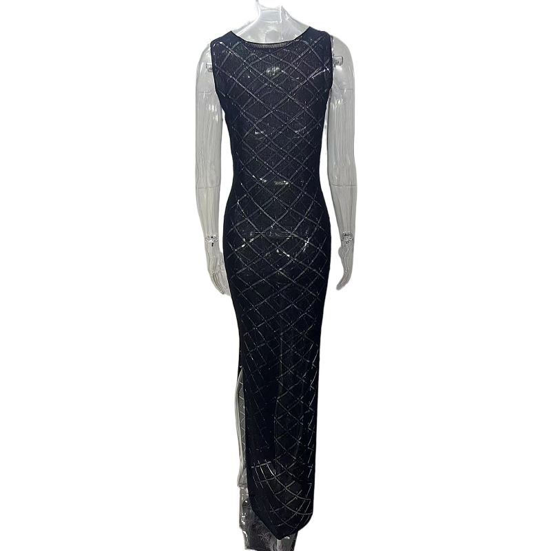 Gonna lunga da donna sexy in maglia traforata all'uncinetto trasparente_voghion.com