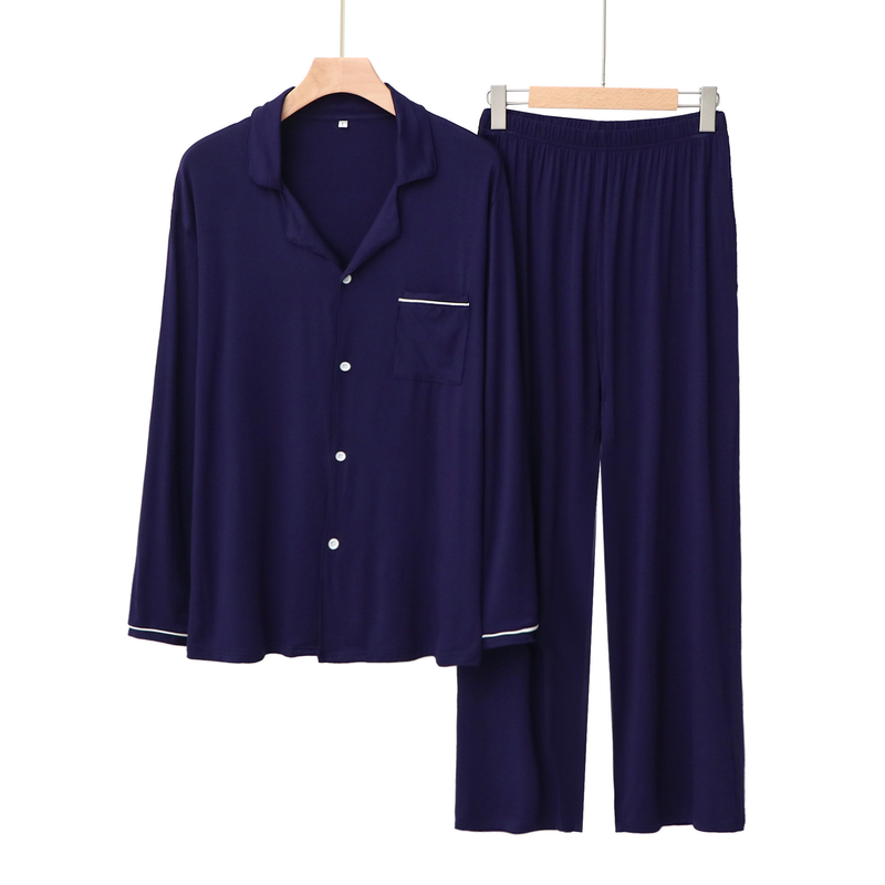 Coppia abbigliamento per la casa risvolto in modal design con bottoni in colore a contrasto comodi pantaloni traspiranti a maniche lunghe set pigiama da uomo e da donna_voghion.com