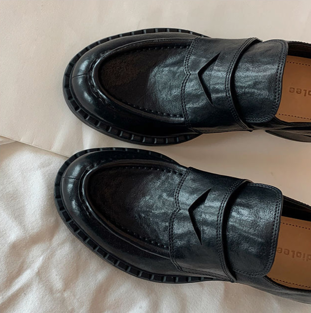 Βρετανικού στιλ μοκασίνια με ένα πόδι σε σχήμα αλόγου, καινούργια χειροποίητα μικρά δερμάτινα παπούτσια για γυναίκες, με χοντρές σόλες,_voghion.com