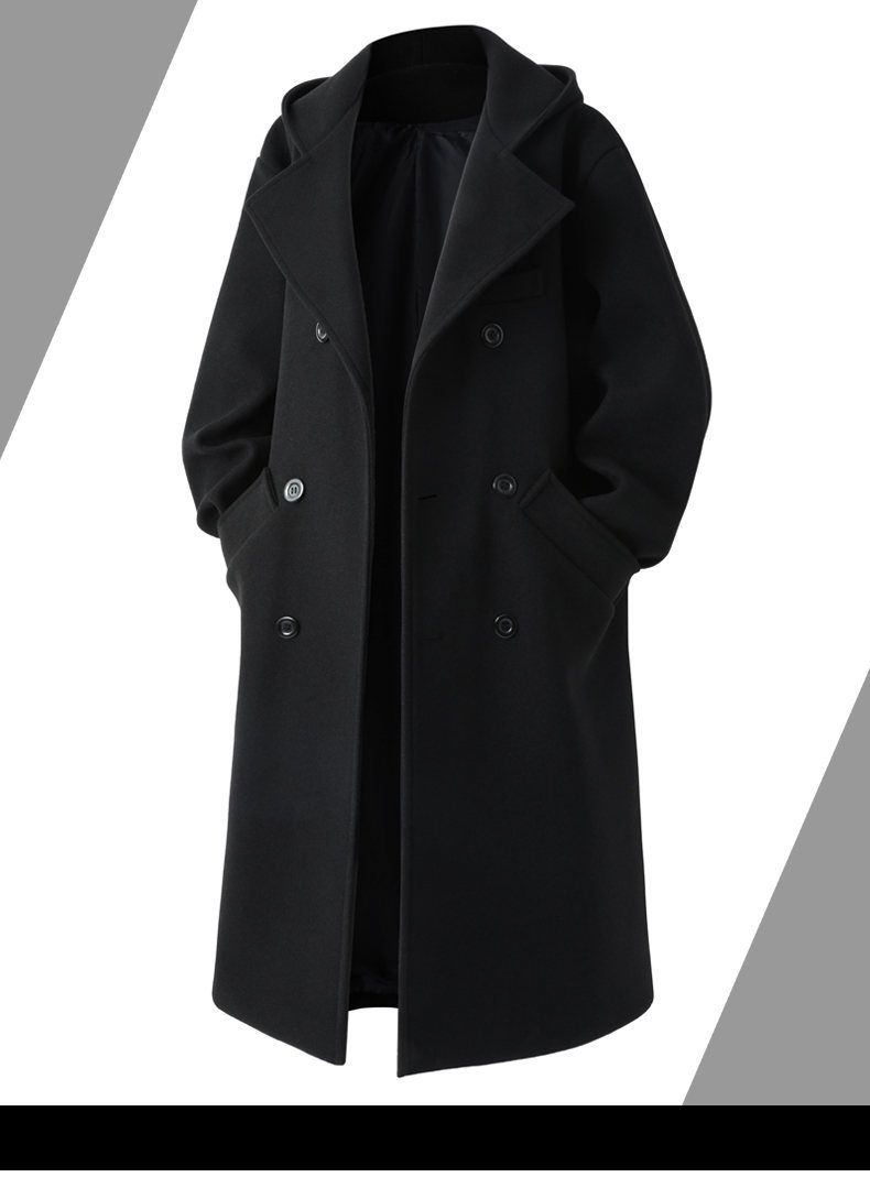 Zweireihiger Herrenmantel aus Wollmischung – Mittellanger Windbreaker mit Kapuze, wintertauglich und stylisch (Schwarz, Dunkelgrau)_voghion.com