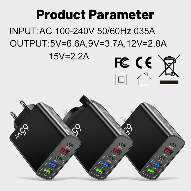 USB 65W C-lader 5-porters PD Type C QC 3.0 hurtigladeadapter for mobiltelefon, egnet for iPhone Xiaomi Oneplu Q_voghion.com
