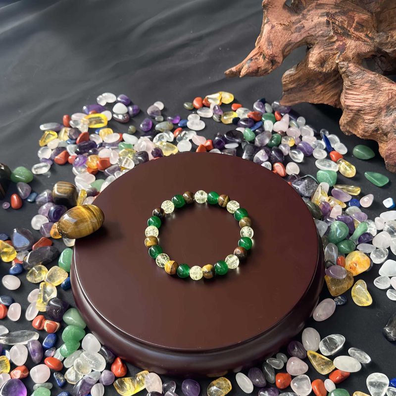 Prosperity Bracelet – Natural Tiger Eye, Green Agate & White Crystal Healing Stone Jewelry, Adjustable Elastic String_voghion.com