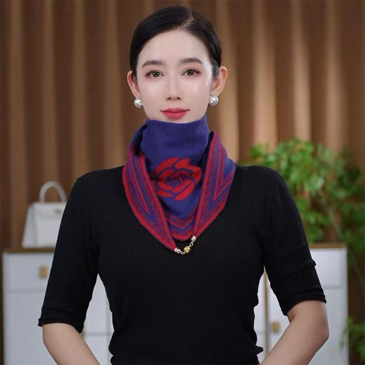 Autumn Winter New Fashionable Elegant Korean Style Versatile Knitted Camellia Color Block Magnetic Buckle Triangle Scarf_voghion.com