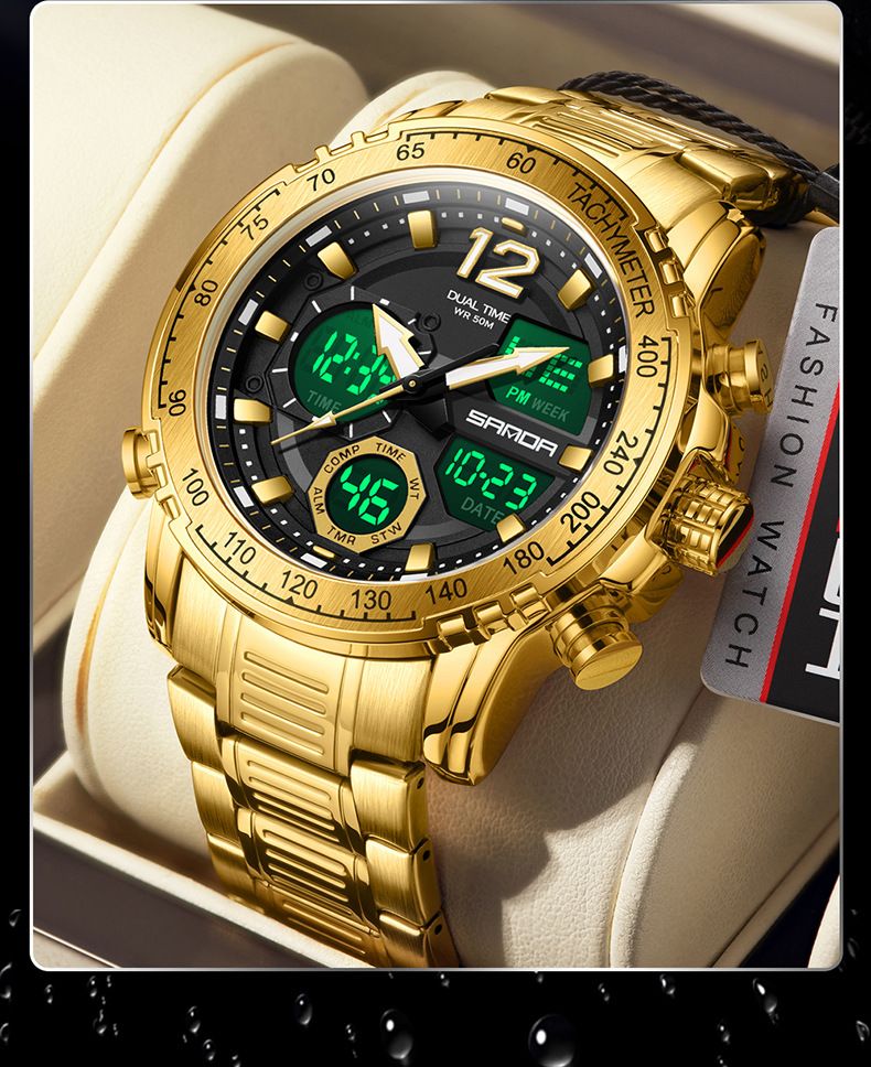 Multi-Function Digital Watch With Stainless Steel Band Waterproof, Luminous, Dual Time, Stopwatch, Alarm, Calendar Sporty Stylish Round Dial Watch_voghion.com