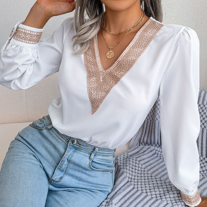 2023 herbst/Winter Temperament Spitze V-ausschnitt Langarm Chiffon Hemd frauen Kleid_voghion.com