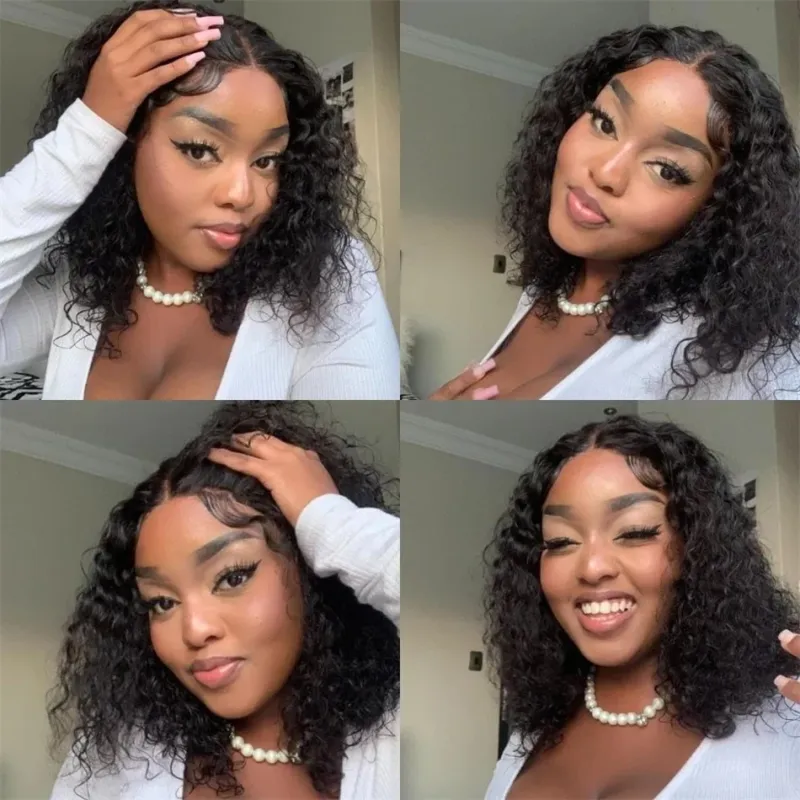 Perucas de renda frontal profundas e cacheadas, cabelo humano para mulheres, bob curto, sem cola, perucas de renda frontal HD_voghion.com
