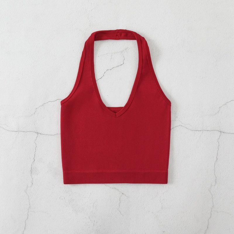 Neckholder-Body-Shaping-Unterwäsche für Fitness und Yoga, V-Ausschnitt, rückenfreies Camisole, gerippt, Bonbonfarbe_voghion.com