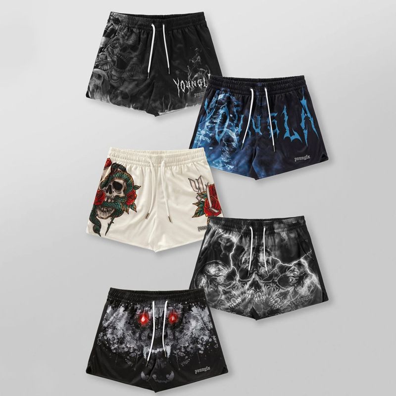 Pantaloni scurți sport pentru bărbați, cu patru puncte, cu craniu, imprimare 3D, plasă, uscare rapidă, respirabil, pentru alergare pe plajă_voghion.com