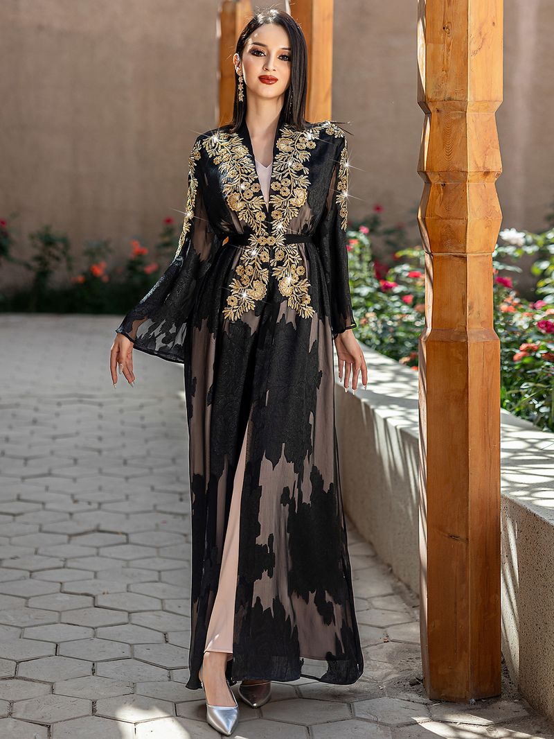 Black & Gold Embroidered Two-Piece Abaya Set With Belt - Elegant Lace Islamic Robe_voghion.com