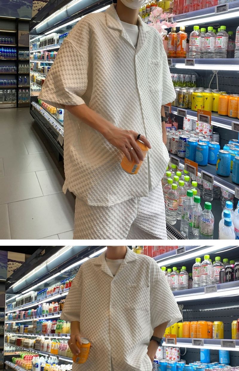 Summer Lightweight Casual Sports Men's White Short Sleeve Shirt Straight Waffle Shorts Set_voghion.com