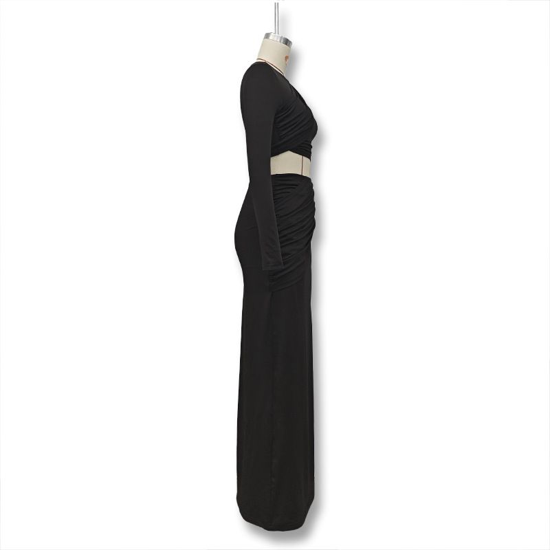 2024 Autunno Inverno Nuova Moda Donna Girocollo Manica Lunga Crop Top Slim Fit Gonna Set Due Pezzi_voghion.com