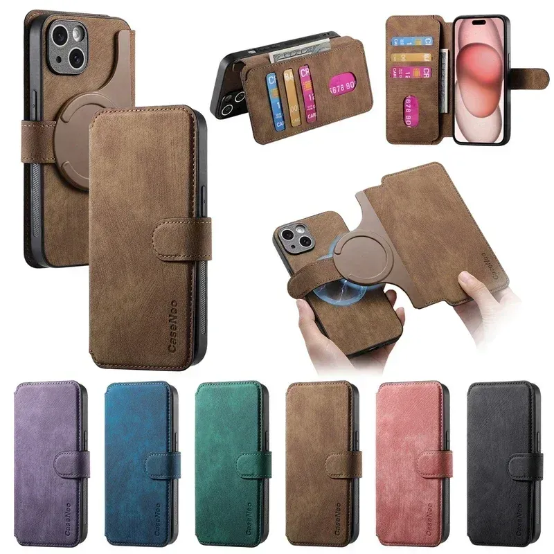 2 In 1 Magnetic Card Holder Wallet Flip Cover For Iphone 16E 16 15 14 13 12 11 Pro Max Case Wireless Charging_voghion.com