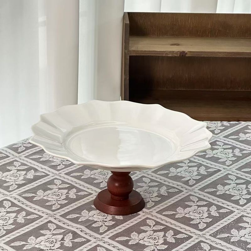 Corbeille à fruits vintage avec pied et anse en bois – Plateau de service en céramique pour desserts, présentation de table et décoration de chambre_voghion.com
