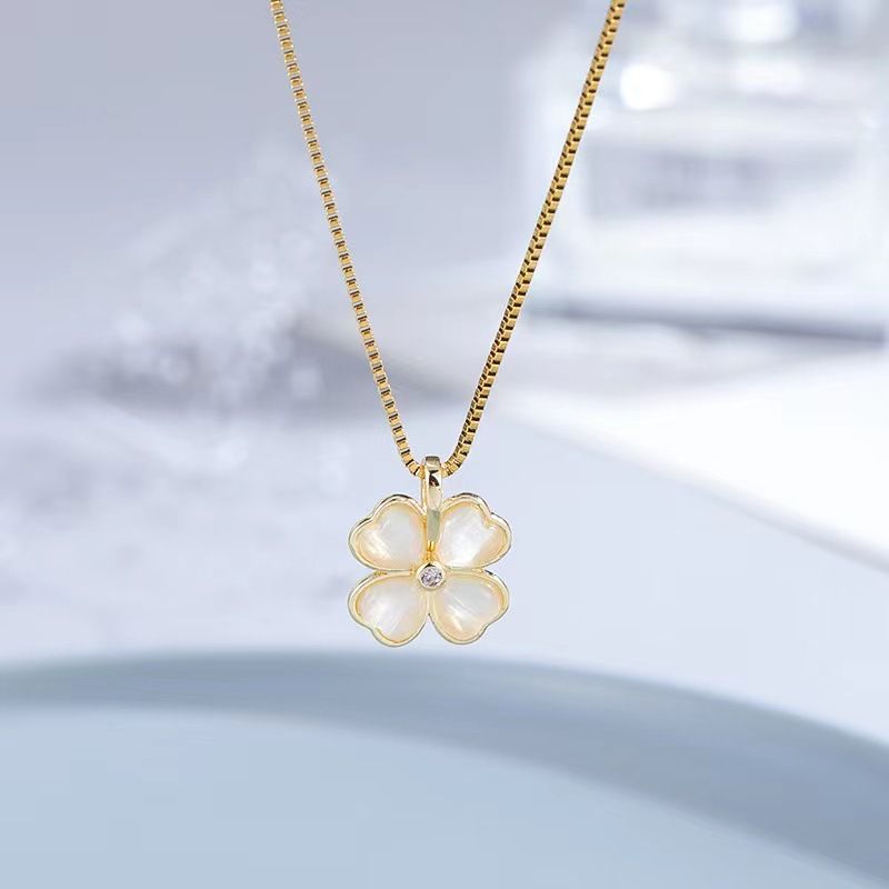 Nuovo collare a catena con fiore a foglia in pietra occhio di gatto, moda, quattro amore, collana in acciaio al titanio oro K da donna, micro intarsiato, piccolo_voghion.com