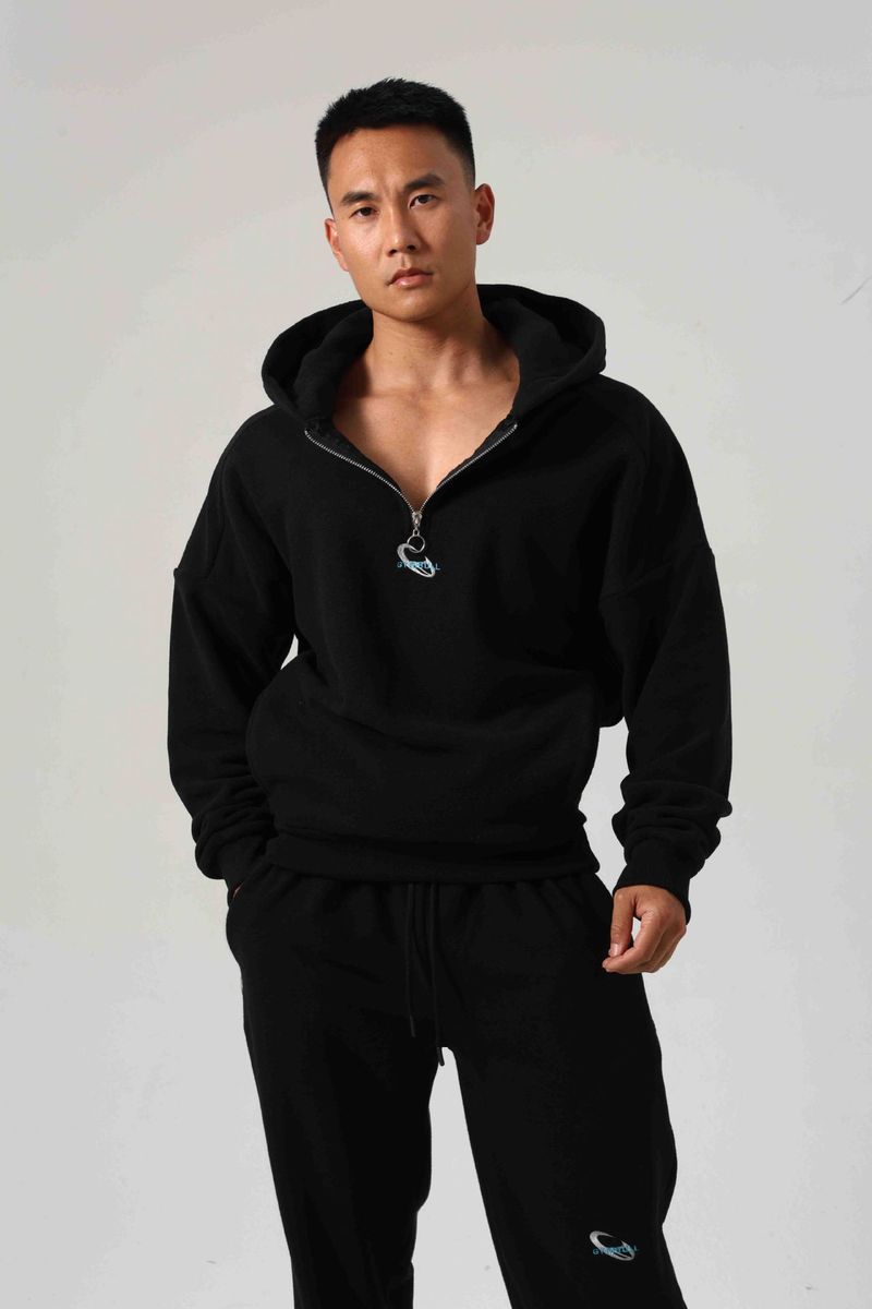 Felpa con cappuccio in pile ricamato da uomo - Pullover termico spazzolato a doppio strato per palestra e attività all'aperto (nero/blu navy, M-Xxxl)_voghion.com